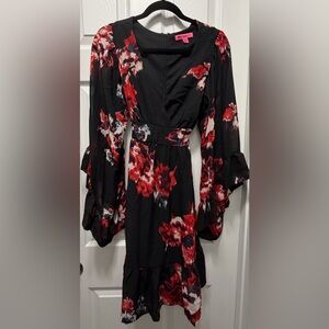 Betsey Johnson Black and Red Floral Long Sleeve Dress